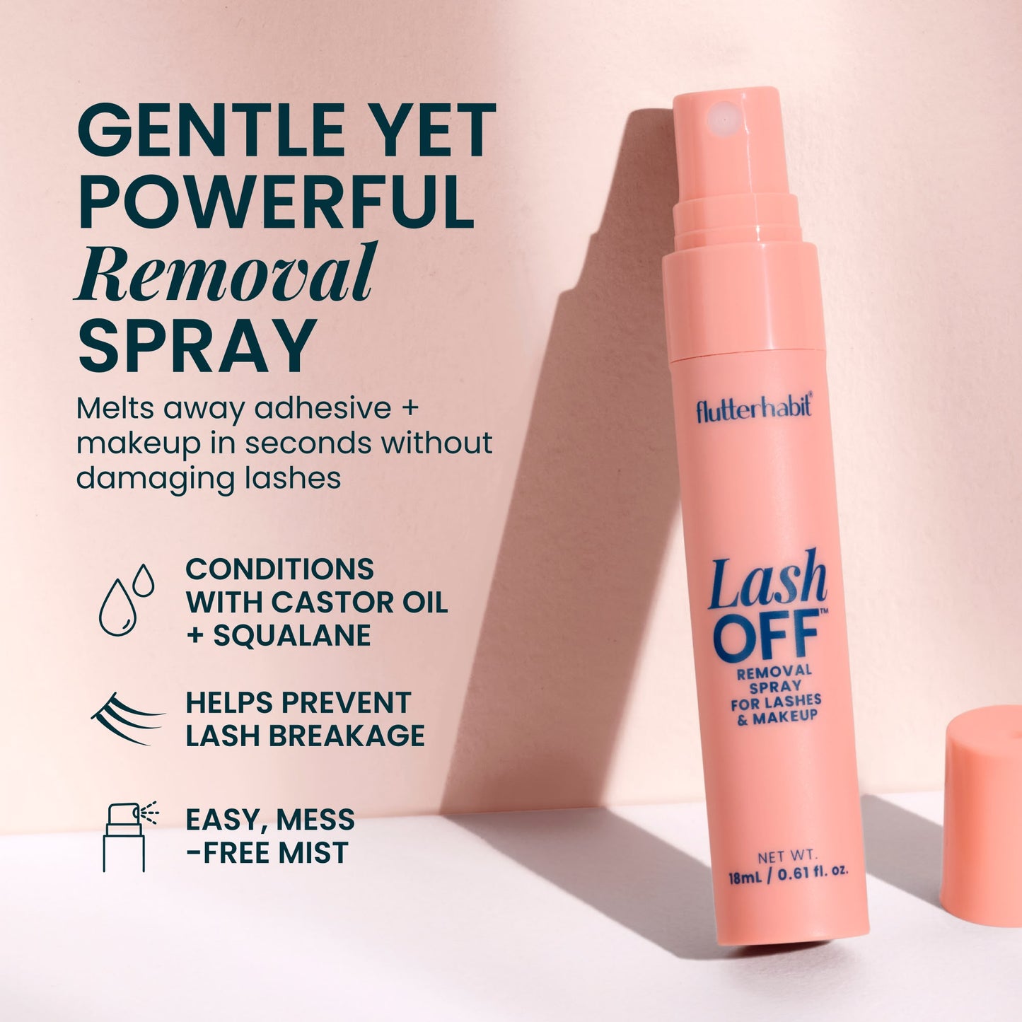 Gentle yet powerful lash removal spray that melts adhesive and makeup in seconds without damaging lashes