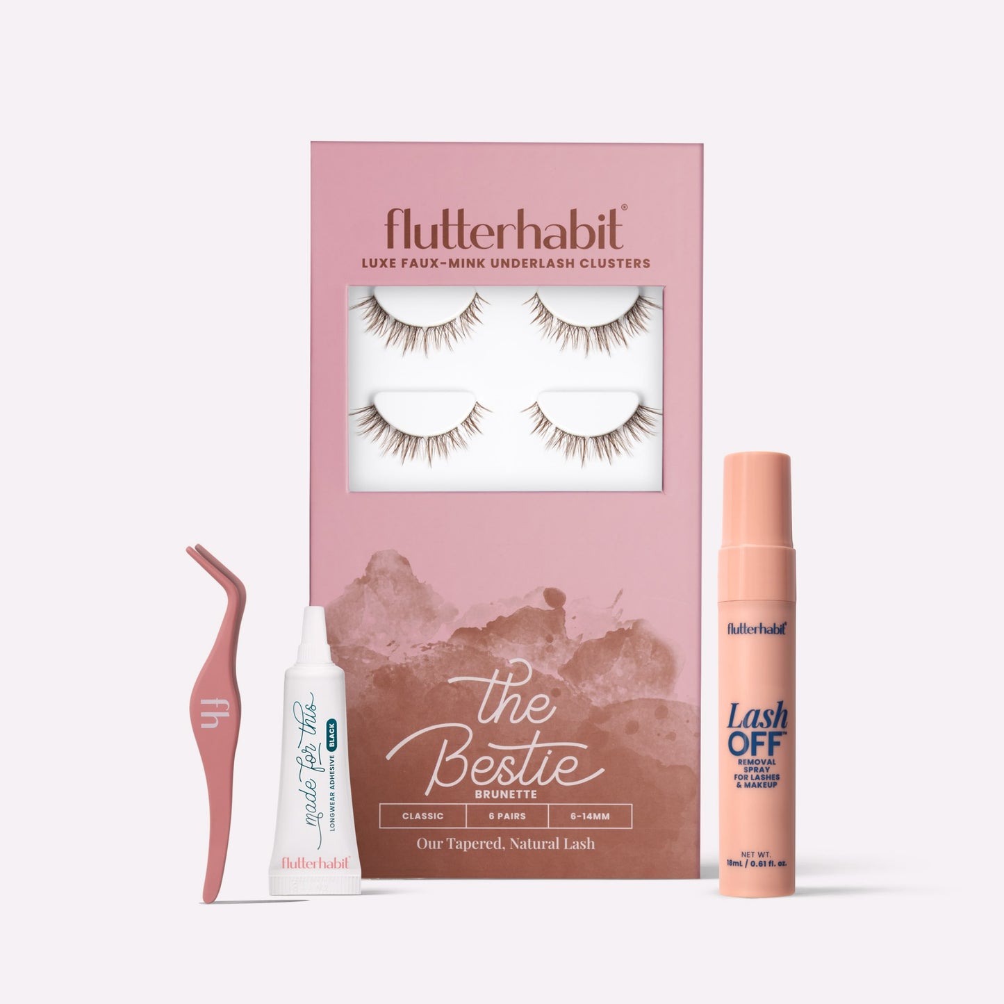 Brunette The Bestie | FlutterHabit Best Sellers Kit with The Bestie brunette lash clusters, Made for This Adhesive, Lash Off Removal Spray, and Lash Applicator