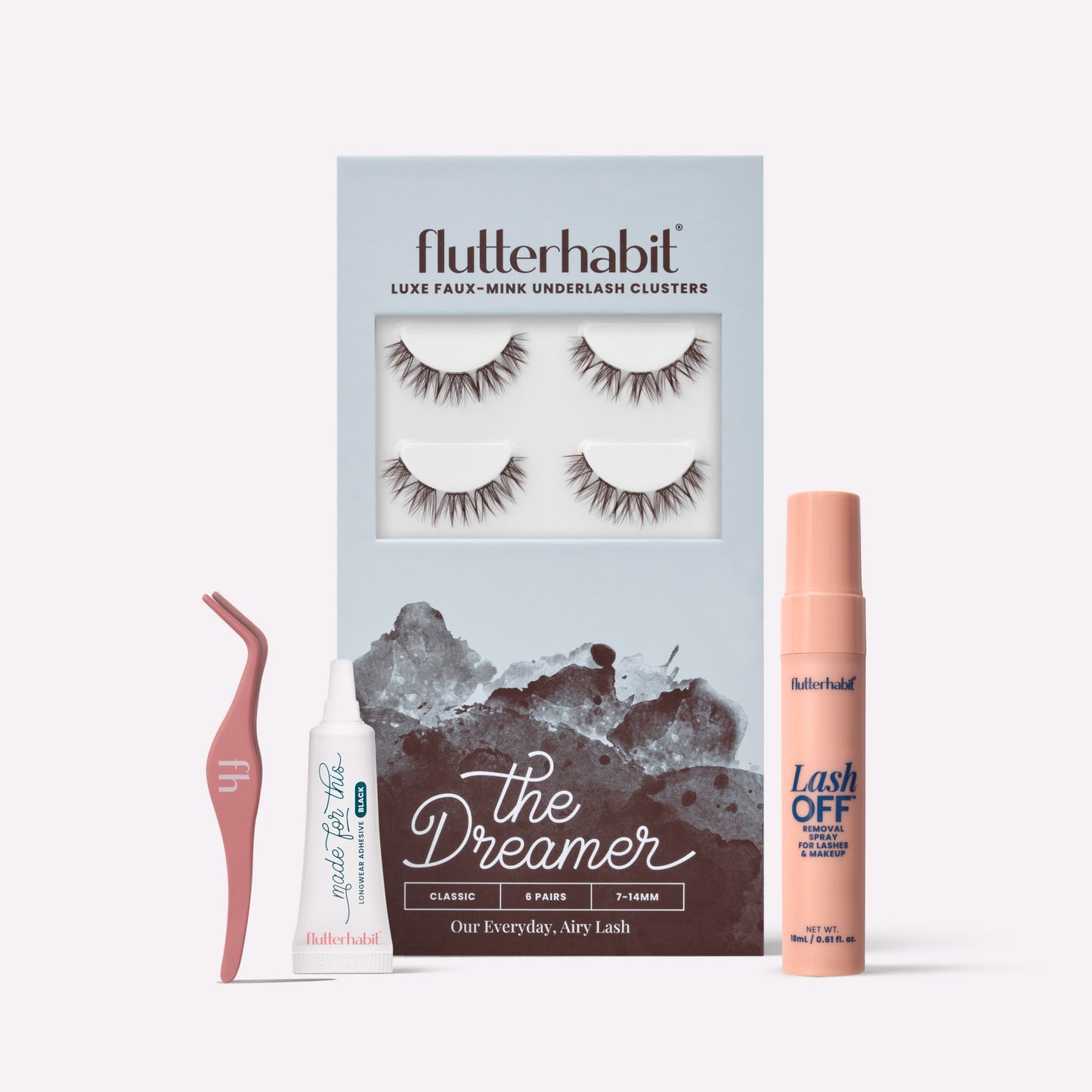 Brunette The Dreamer | FlutterHabit Best Sellers Kit with The Dreamer brunette lash clusters, Made for This Adhesive, Lash Off Removal Spray, and Lash Applicator