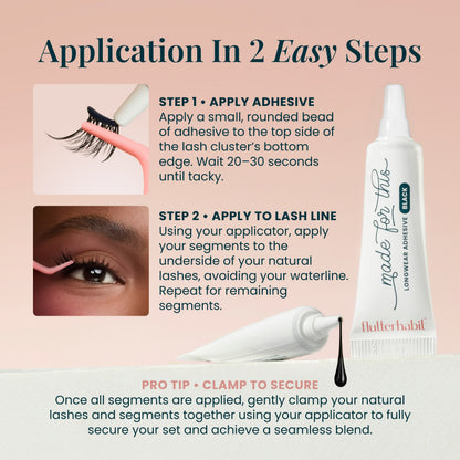 How to apply FlutterHabit Made for This Adhesive to DIY lash clusters in 2 steps