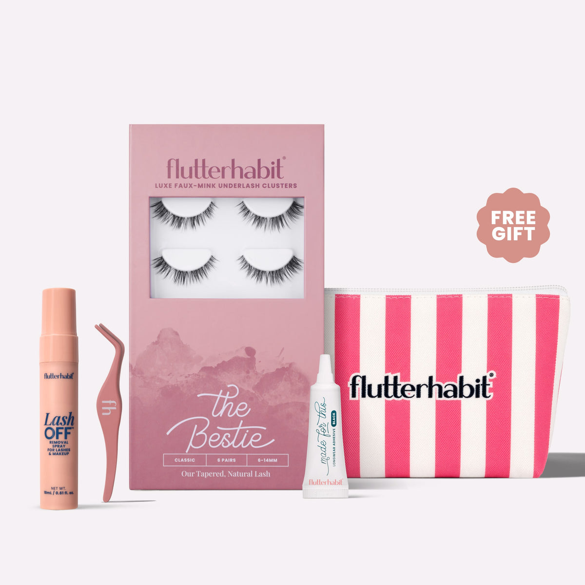Black The Bestie | FlutterHabit Best Sellers Kit with The Bestie black lash clusters, Made for This Adhesive, Lash Off Removal Spray, and Lash Applicator