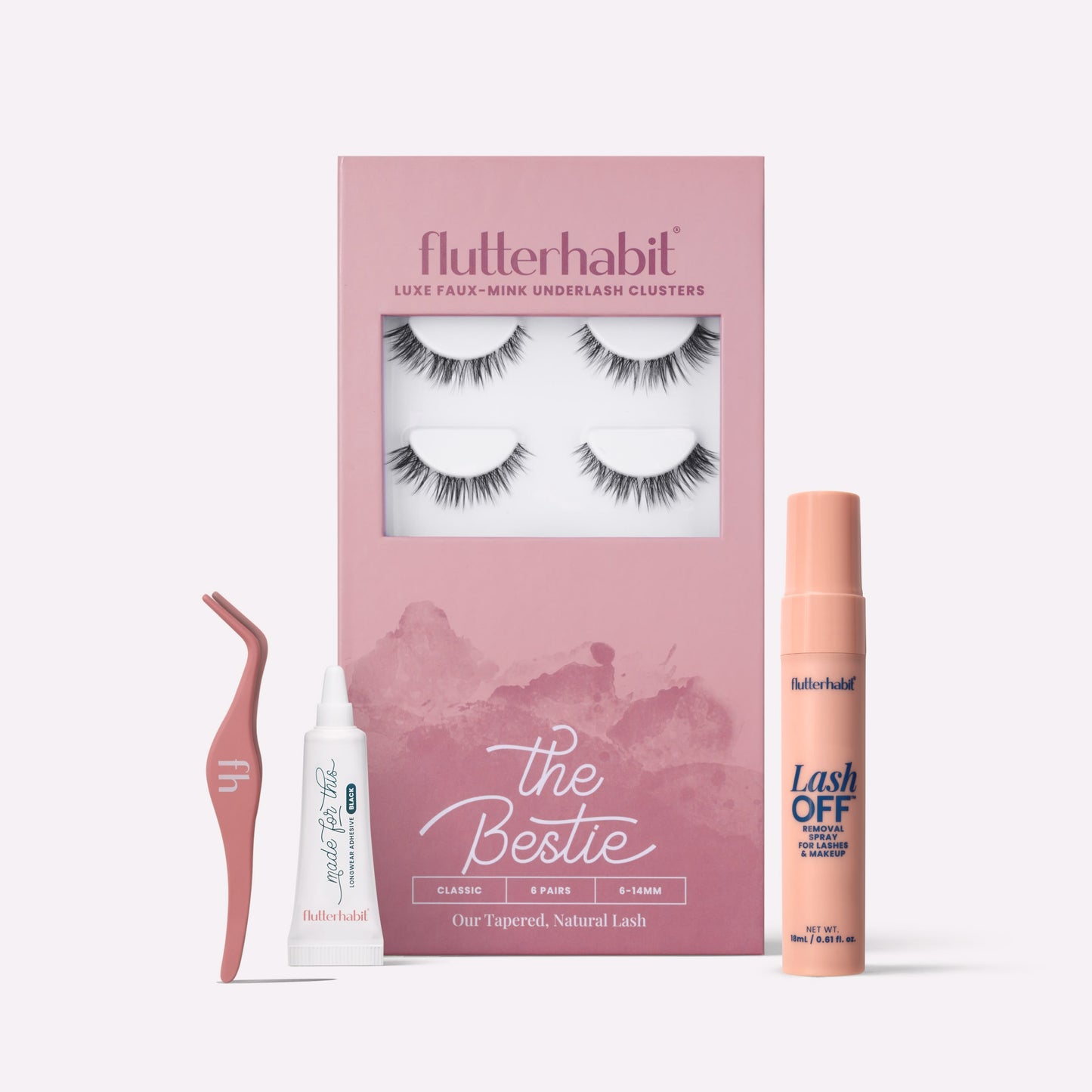 Black The Bestie | FlutterHabit Best Sellers Kit with The Bestie black lash clusters, Made for This Adhesive, Lash Off Removal Spray, and Lash Applicator
