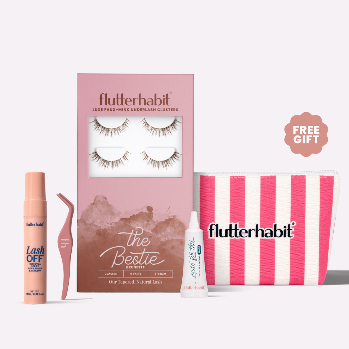 Brunette The Bestie | FlutterHabit Best Sellers Kit with The Bestie brunette lash clusters, Made for This Adhesive, Lash Off Removal Spray, and Lash Applicator