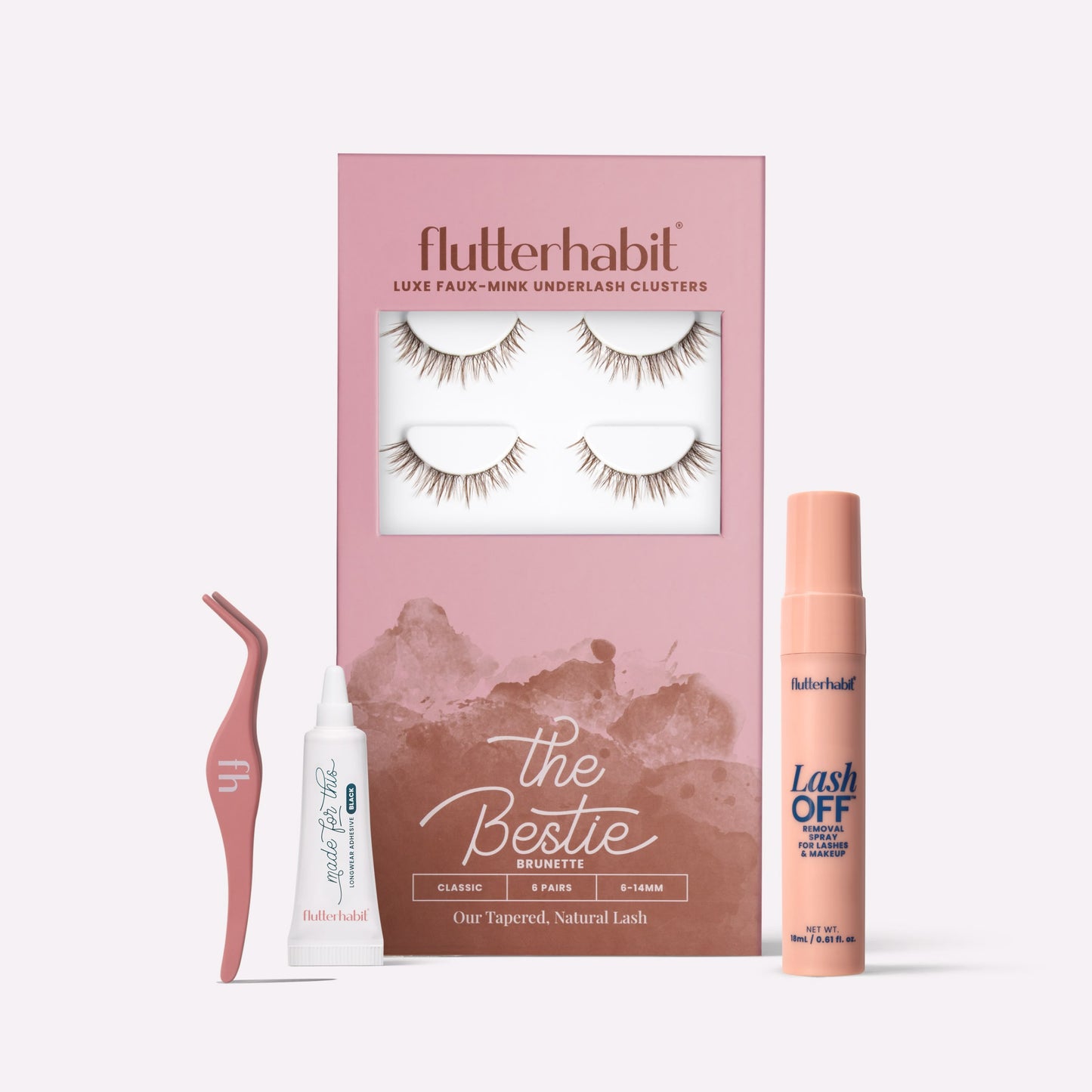 Brunette The Bestie | FlutterHabit Best Sellers Kit with The Bestie brunette lash clusters, Made for This Adhesive, Lash Off Removal Spray, and Lash Applicator