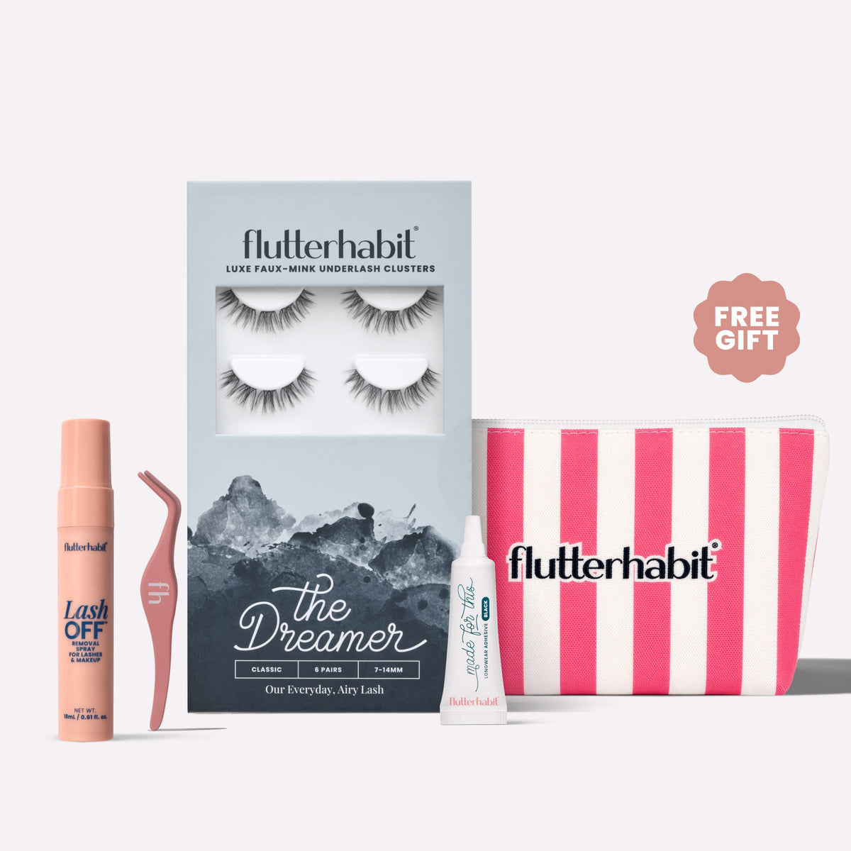 Black The Dreamer | FlutterHabit Best Sellers Kit with The Dreamer black lash clusters, Made for This Adhesive, Lash Off Removal Spray, and Lash Applicator