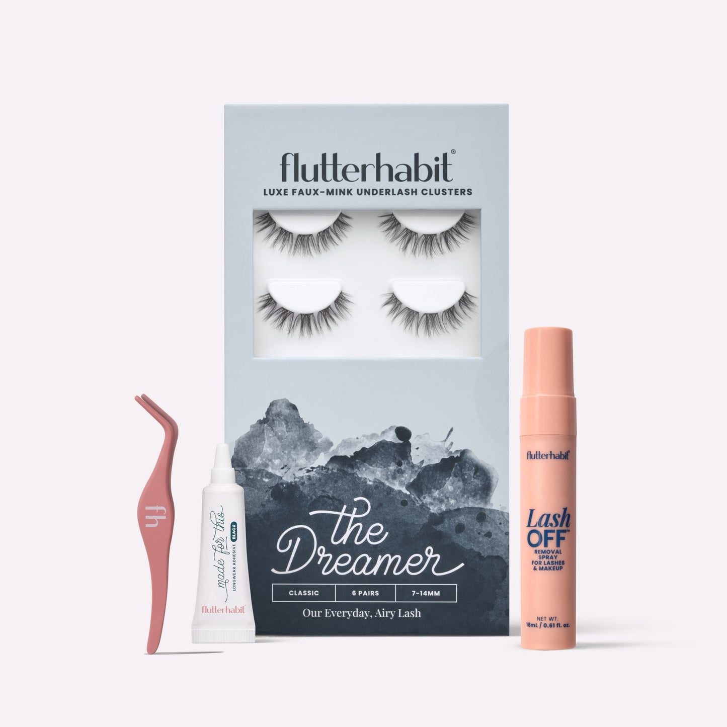 Black The Dreamer | FlutterHabit Best Sellers Kit with The Dreamer black lash clusters, Made for This Adhesive, Lash Off Removal Spray, and Lash Applicator