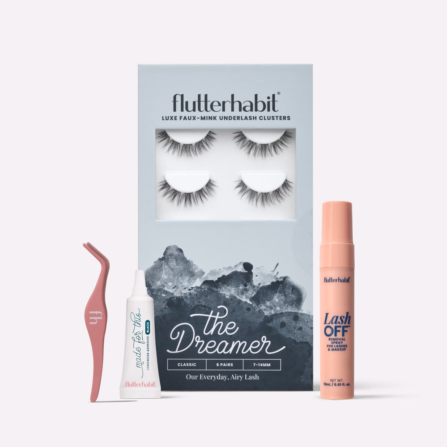 Black The Dreamer | FlutterHabit Best Sellers Kit with The Dreamer black lash clusters, Made for This Adhesive, Lash Off Removal Spray, and Lash Applicator