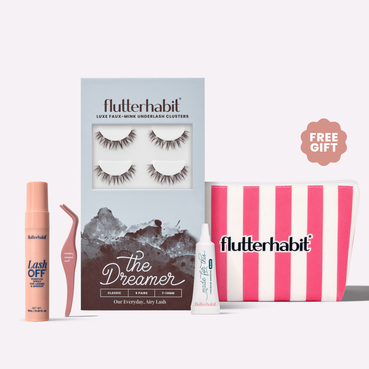 Brunette The Dreamer | FlutterHabit Best Sellers Kit with The Dreamer brunette lash clusters, Made for This Adhesive, Lash Off Removal Spray, and Lash Applicator