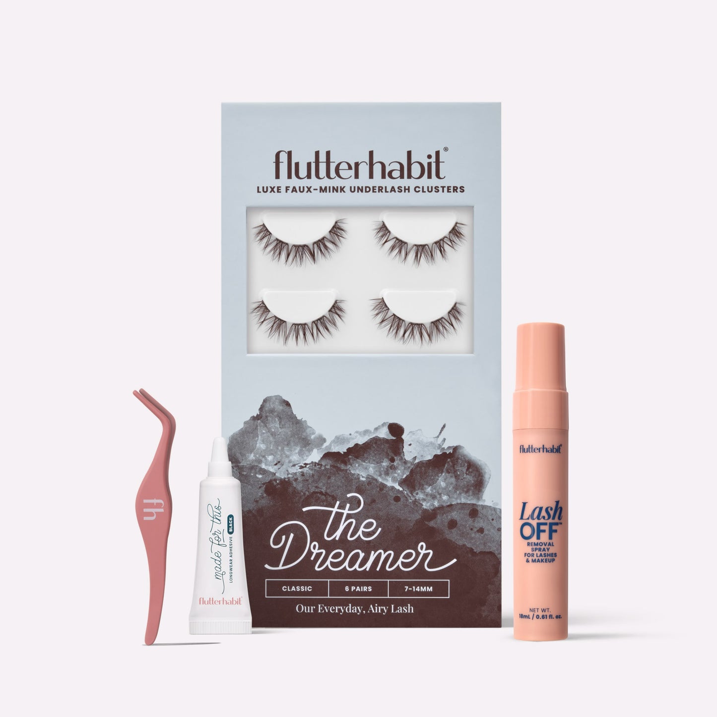 Brunette The Dreamer | FlutterHabit Best Sellers Kit with The Dreamer brunette lash clusters, Made for This Adhesive, Lash Off Removal Spray, and Lash Applicator