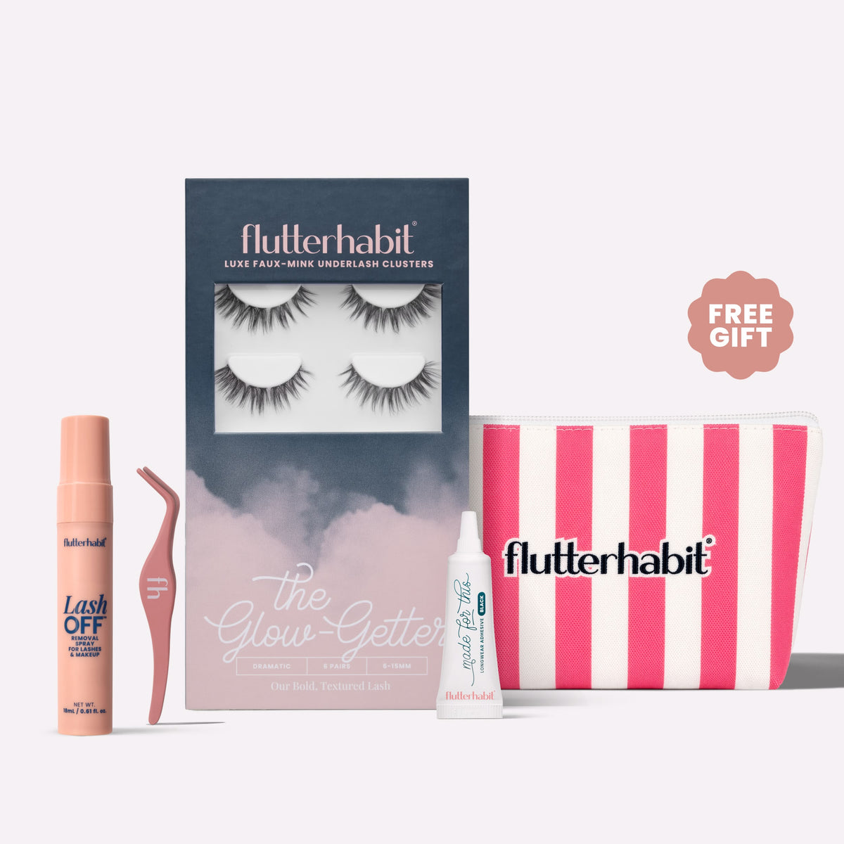 Black The Glow-Getter | FlutterHabit Best Sellers Kit with The Glow-Getter black lash clusters, Made for This Adhesive, Lash Off Removal Spray, and Lash Applicator