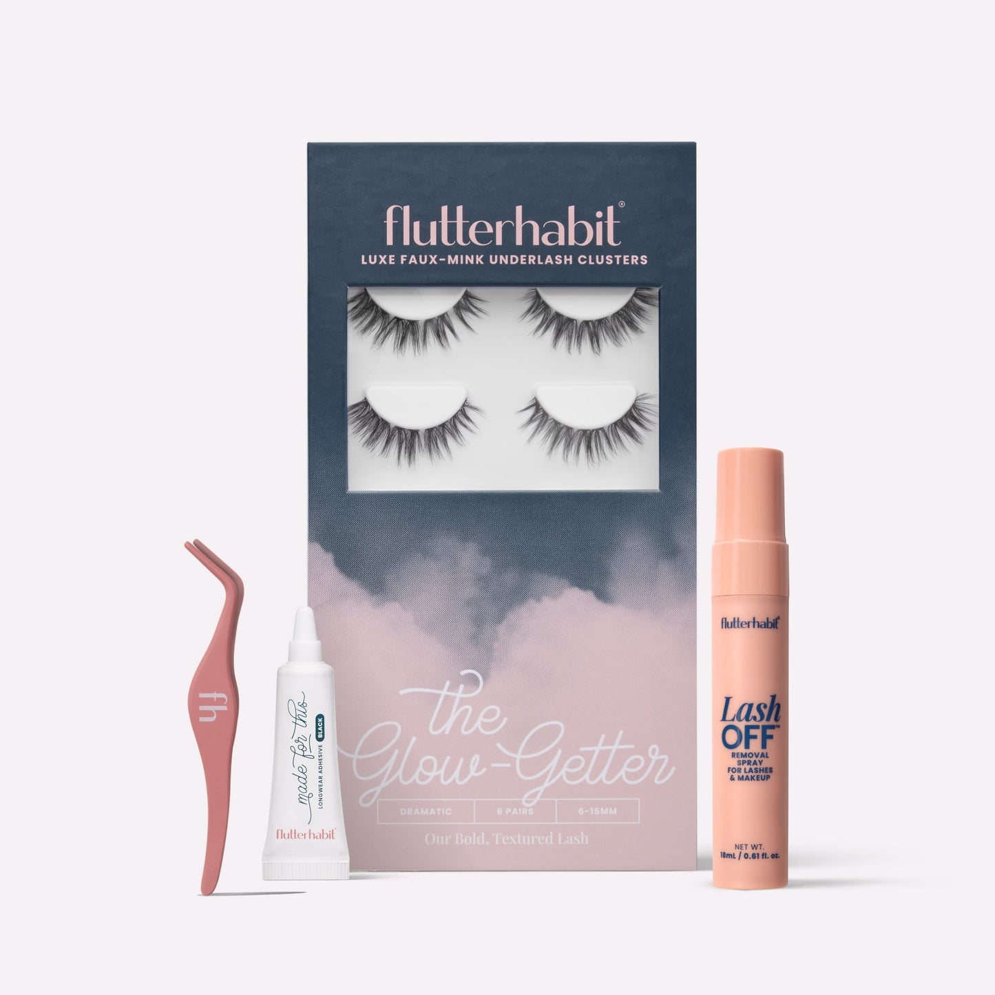 Black The Glow-Getter | FlutterHabit Best Sellers Kit with The Glow-Getter black lash clusters, Made for This Adhesive, Lash Off Removal Spray, and Lash Applicator