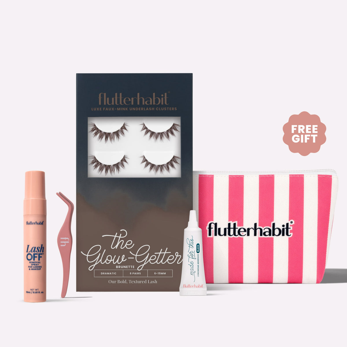 Brunette The Glow-Getter | FlutterHabit Best Sellers Kit with The Glow-Getter brunette lash clusters, Made for This Adhesive, Lash Off Removal Spray, and Lash Applicator