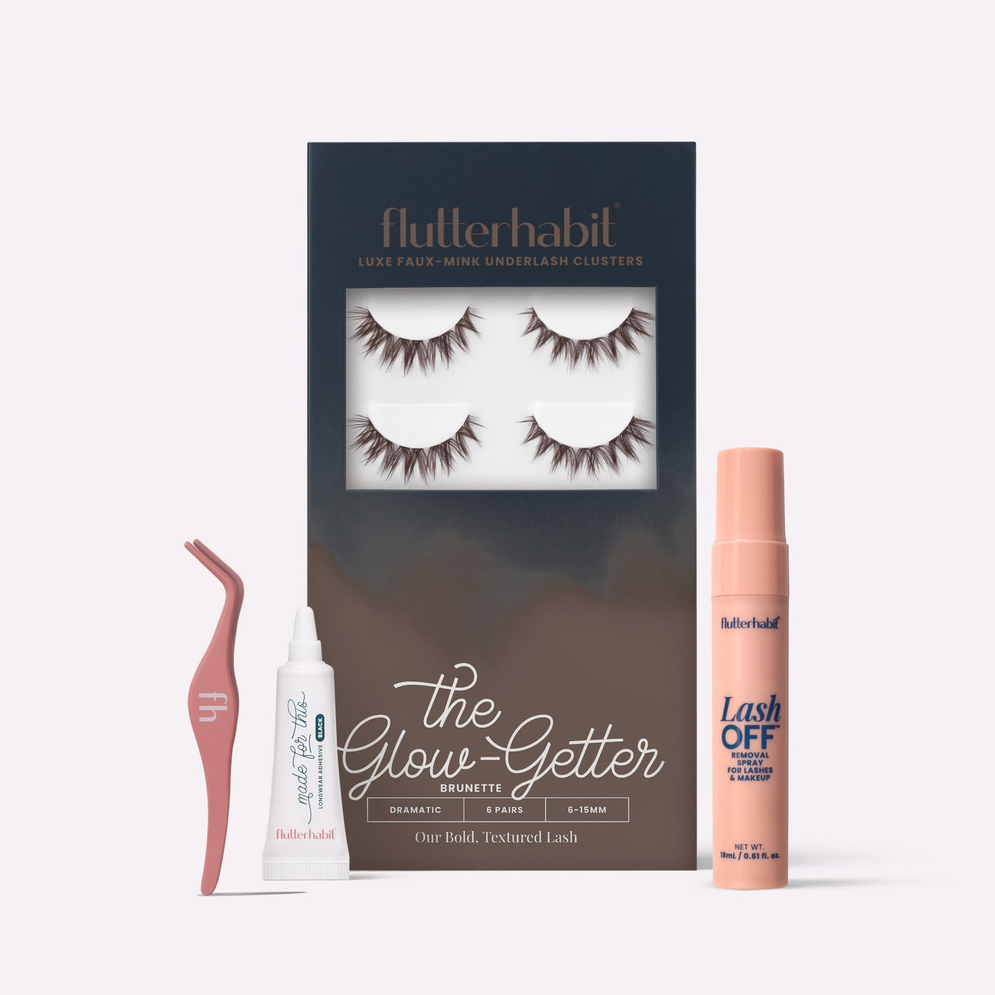 Brunette The Glow-Getter | FlutterHabit Best Sellers Kit with The Glow-Getter brunette lash clusters, Made for This Adhesive, Lash Off Removal Spray, and Lash Applicator