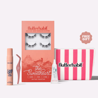 Black The Sweetheart | FlutterHabit Best Sellers Kit with The Sweetheart black lash clusters, Made for This Adhesive, Lash Off Removal Spray, and Lash Applicator