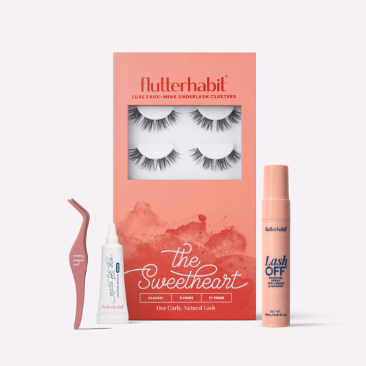 Black The Sweetheart | FlutterHabit Best Sellers Kit with The Sweetheart black lash clusters, Made for This Adhesive, Lash Off Removal Spray, and Lash Applicator