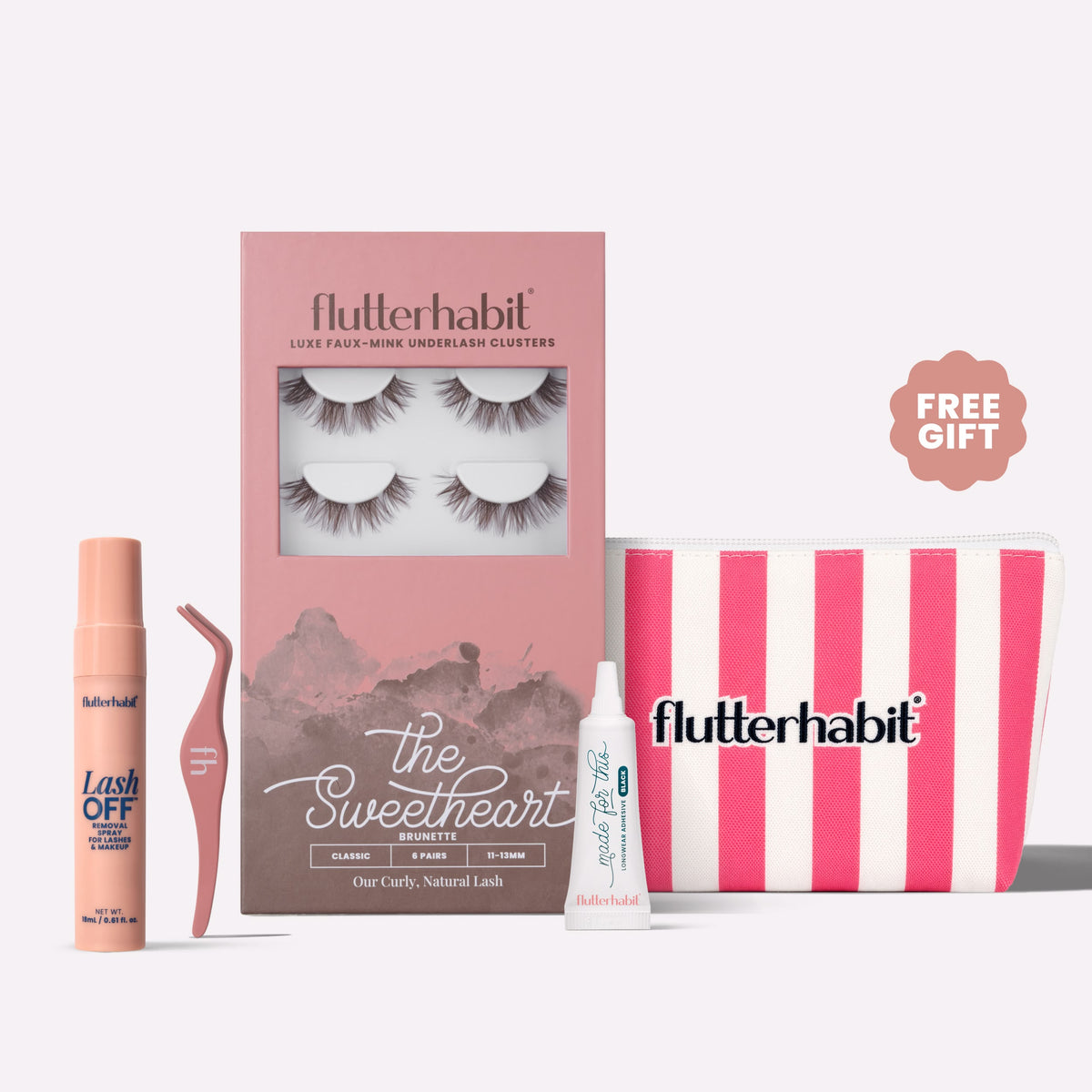 Brunette The Sweetheart | FlutterHabit Best Sellers Kit with The Sweetheart brunette lash clusters, Made for This Adhesive, Lash Off Removal Spray, and Lash Applicator