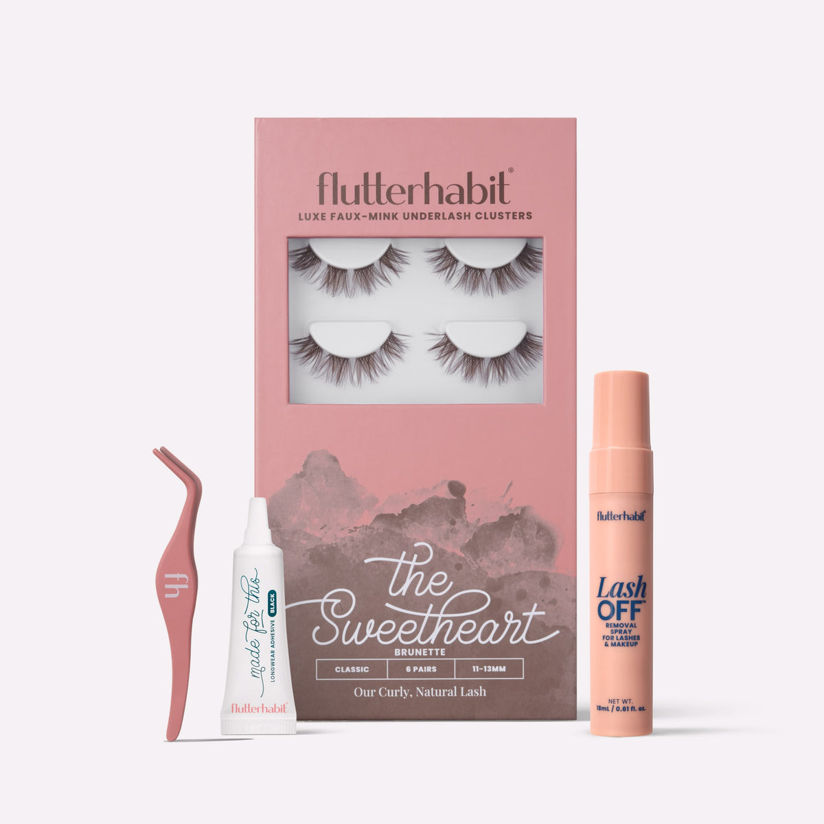 Brunette The Sweetheart | FlutterHabit Best Sellers Kit with The Sweetheart brunette lash clusters, Made for This Adhesive, Lash Off Removal Spray, and Lash Applicator